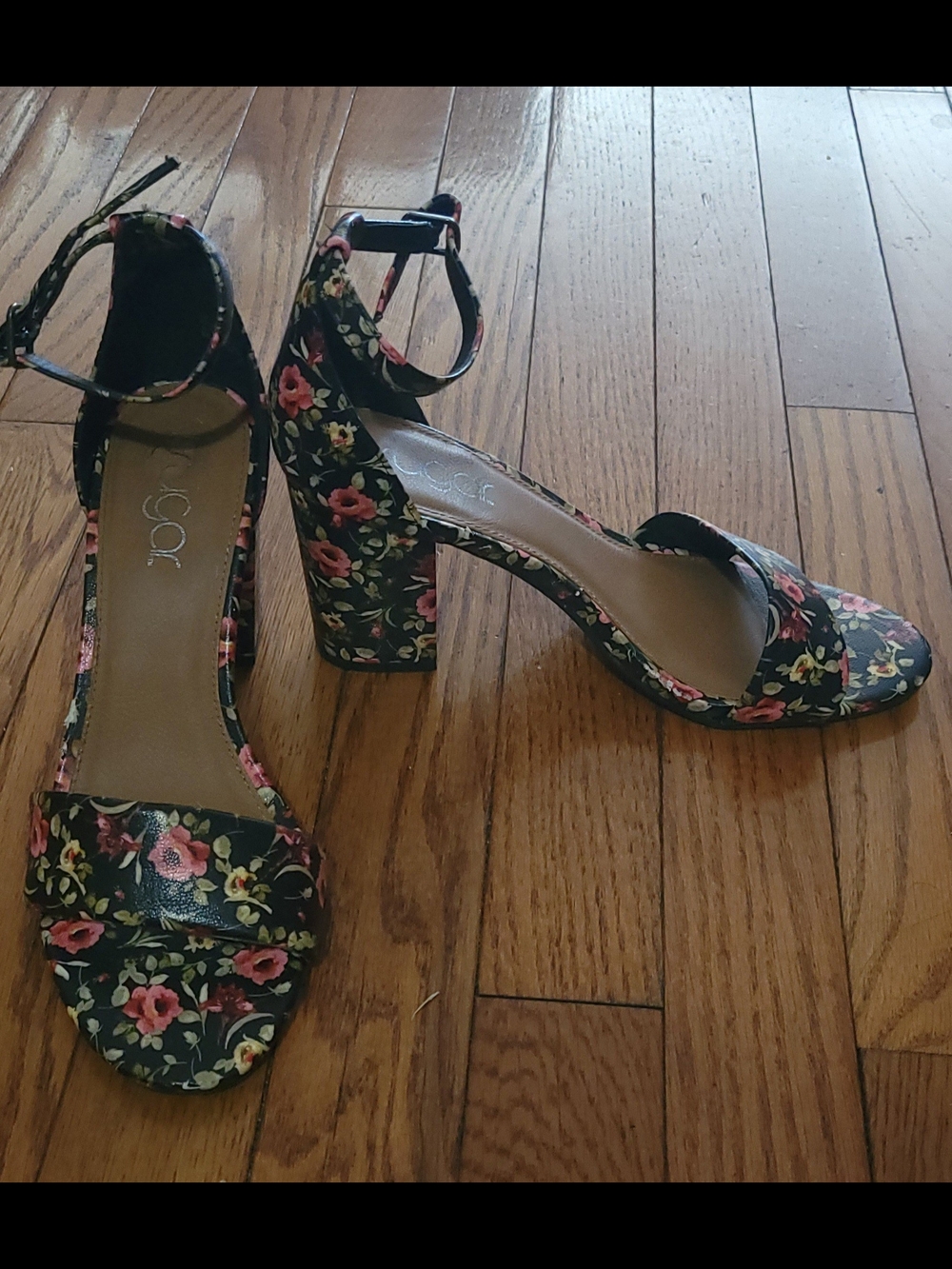 Sugar Floral Ankle-Strap Block Heels - Black with Pink & Green